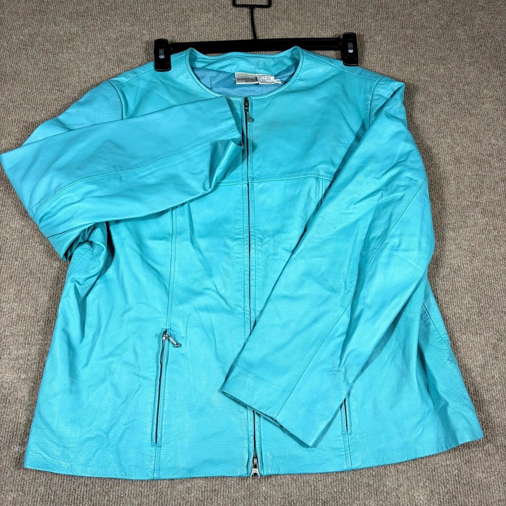 Newport News Easy Style Leather Jacket Womens 16W Turquoise Fully Lined Full Zip